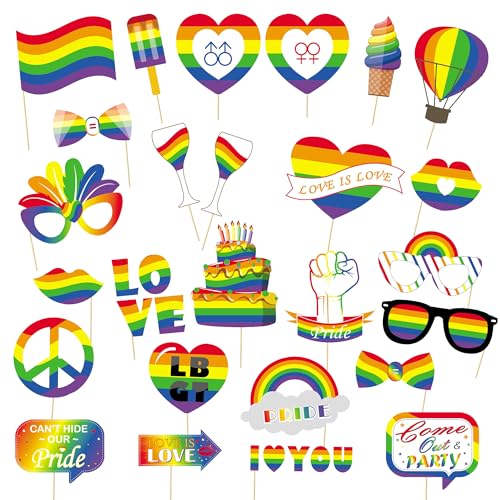 AFYHH 26Pcs Pride Photo Booth Props Pride Decorations Accessories Pride LGBT Rainbow Party Accessories Supplies Gay Pride Event Decorations Parade Costume LGBT Gay Party Decor Wedding Decorations