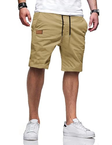 TARAINYA Shorts Herren Kurze Hose Herren Tunnelzug Baumwolle Sommer Chino Casual mit Taschen Hellkhaki L