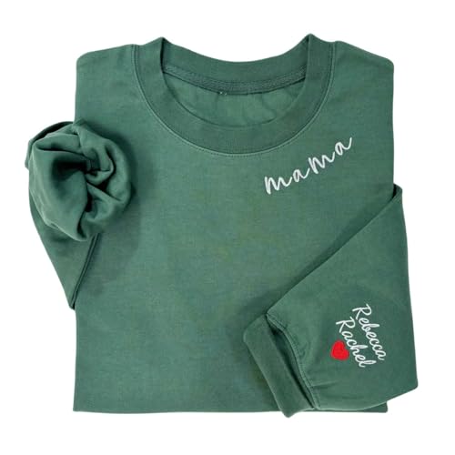 Mama Bestickt Pullover - Benutzerdefiniertes Hemd Mit Kindernamen am Ausschnitt, Herz an den Ärmeln - Schwangerschaft Kapuzenpullover Geschenk für Neue Mutter