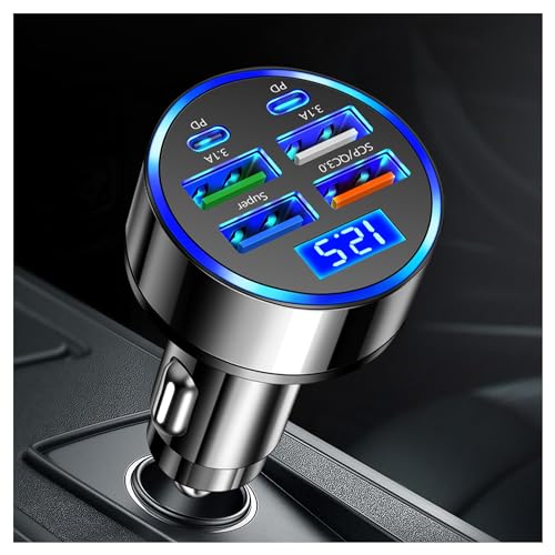 6 Port Fast Car Charger with PD+QC3.0+Super+3.1A,USB Cigarette Lighter Adapter with LED Monitor,Universal 12V/24V Car USB Charger Multi Port Car Accessories for Car SUV