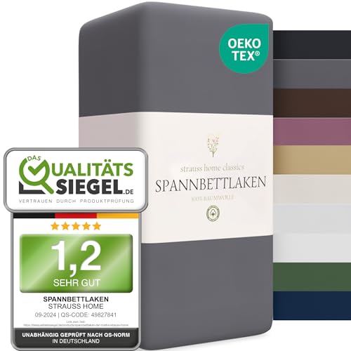 Strauss Home® Jersey Spannbettlaken Spannbetttuch Bettlaken 100% Baumwolle 140x220-160x220 cm Übergrösse Wasserbett Boxspringbett (Anthrazit)