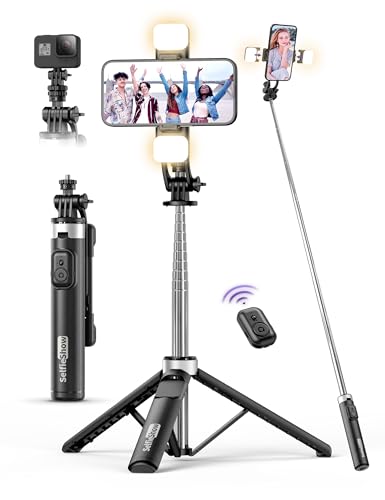 53'' Selfie Stick Tripod with Light, Extendable Selfie Stick with Remote, Portable Cell Phone Tripod Stand with All in 1 Phone Clip, Lightweight Camera Tripod Compatible with iPhone 15 14 13, Android