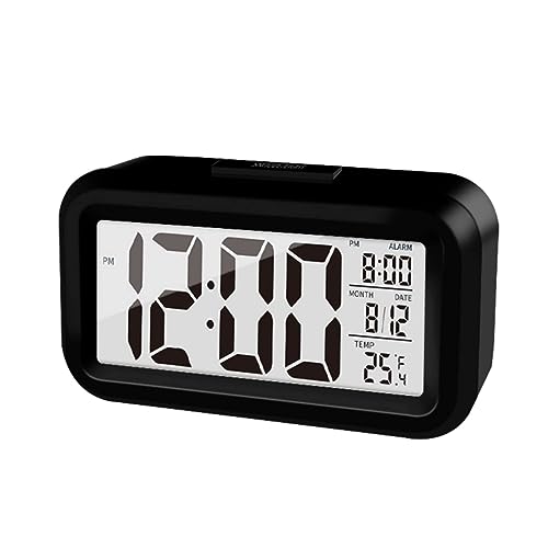 2024 Upgraded Digital Alarm Clock, 4.3" LED Display with Temperature Larger Lound Light Control Portable Snooze Calendar Brightness with Battery Powered Alarm Clocks Bedside for Everyone (Black)