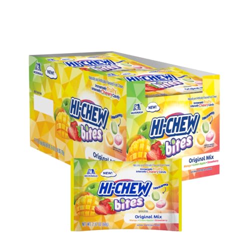 HI-CHEW Bites Original Mix Bulk Candy, Pack of 12 Bags, 2.12oz each - Mango Green Apple Strawberry Chewlets - Unique Fun Soft & Chewy Taffy Candy, Immensely Juicy Fruit Flavors