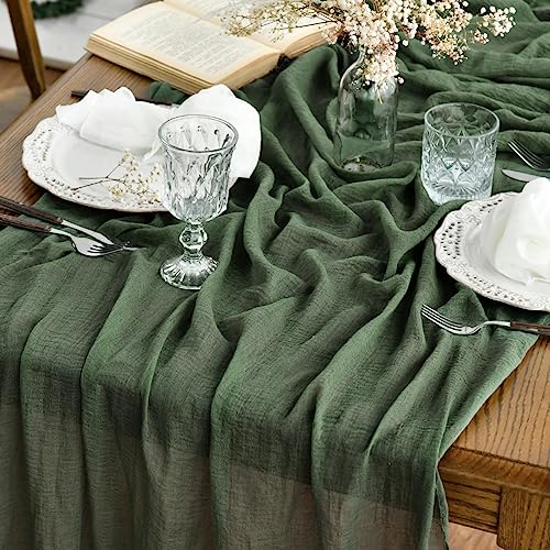Artoid Mode Boho Cheesecloth Gauze Forest Green Wedding Table Runner, Seasonal Fabric Kitchen Dining Holiday Table Decor for Home Party Indoor 90x300 cm