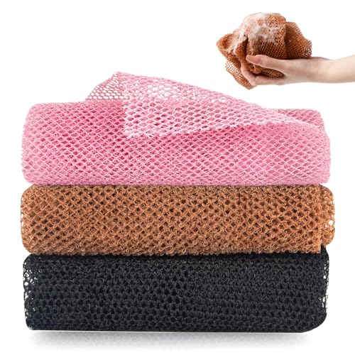 hzbaiyi 3 Pcs African Exfoliating Net, African Net Long Bath Net Sponge Nylon Back Scrubbers Skin Smoother Deep Cleaning African Net Bathing Sponge for Men and Women Deep Cleaning (Black Pink Brown)