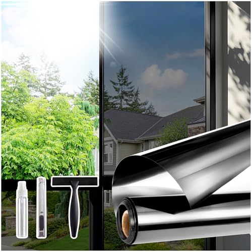 Coavas Window Films for Privacy One Way Window Tint with Tool UV Sun Heat Blocking Static Cling Reflective Mirror Covering Vinyl Non Adhesive Sticker for Home Daytime 29.5 x 118.1 Inch Black Sliver