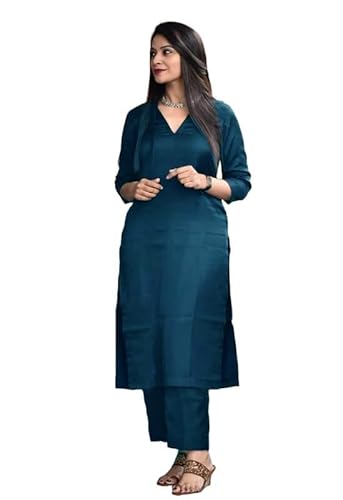Try Luck Fashion Women's Rayon Regular Fit Kurta & Pant Set For Casual & Festiv Wear. (Teal-Blue, X-Large)