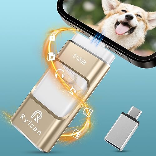 USB Stick für Phone Ryican 512GB Speicherstick für iOS Passwortgeschützte Dateien 4 in 1 USB 3.0 Photostick Pendrive USB C für OTG Android/Laptop/PC/Pad,Daten Kopierten Mit Einem klick(512G,Gold)