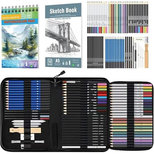 KOMLISATS 73-teiliges professionelles Zeichenset – Komplettes Skizzier-Set mit Bleistiften, Kohlestiften, Spitzer und Radiergummi – Ideales Kunstzubehör für Künstler, Anfänger und Erwachsene