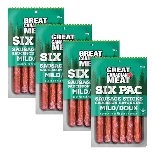 Mild Smoked Sausage Sticks - 4 Pack 4 x 150g Six Pac by Great Canadian Meat, Meat Snacks, Bulk Sausage Sticks Box For Carnivores. Perfect For Snacking, Paleo Friendly, Gluten Free, High In Protein
