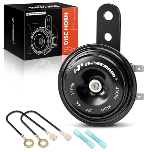 A-Premium Disc Horn High Universal Electric Horn - 12V 110 dB - Compatible with Passenger Car, Commercial/Off-Road Vehicle, ATVs, Scooter, Dirt/Pocket Bikes, Motorcycles & More, 76 mm