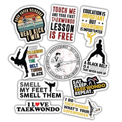 TAYTA (10pcs) Taekwondo Stickers Pack Taekwondo Decals Funny Taekwondo Gifts for Kindle, Bookworm, Multiple Different Design, Waterproof, UV- Resistant, Suitable for Tumbler, Laptop, Car, Truck