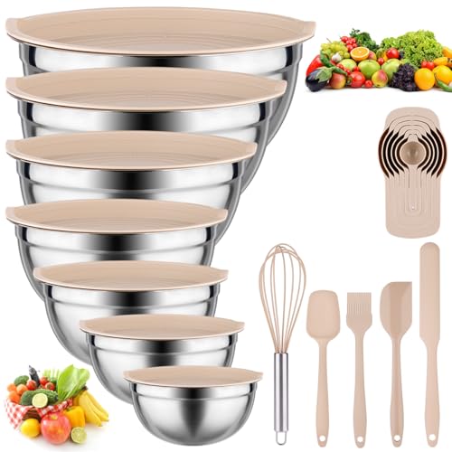 Mixing Bowls with Lids Set - 26 PCS Stainless Steel Nesting Khaki Mixing Bowls Set for Baking,Mixing,Serving & Prepping,Size 5, 3.7, 2.8, 2.3, 1.7, 1.1, 0.7QT,11 Cooking Utensils