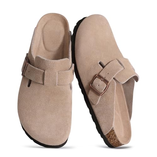 Asgard Women's Suede Clogs Leather Mules Arch Support Potato Shoes with Comfort Cork Footbed Taupe 40 (Size 8.5-9)