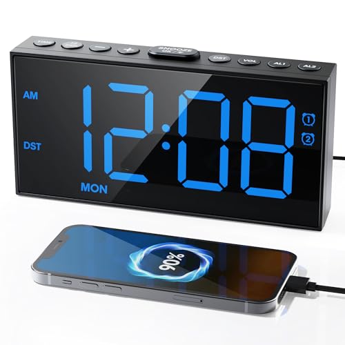 Alarm Clocks for Bedrooms, Digital Clock with 7.5''LED Display Large Digits, Big Snooze, Week Display, Dual Alarms, 2 USB Charging Port, 5 Dimmer 5 Volume, 12/24H&DST, Battery Backup, Plug-in Clock