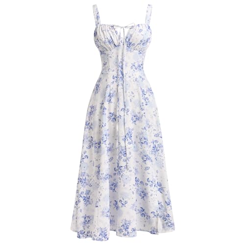 Odizli Korsett Kleid Damen Sommer Elegant Sexy Ärmellos Spaghettiträger Trägerkleid Blumenkleid Boho Style Midi Kleid mit Schlitz Lang Sommerkleid Festlich Freizeitkleid Milkmaid Dress Weiß Blau M