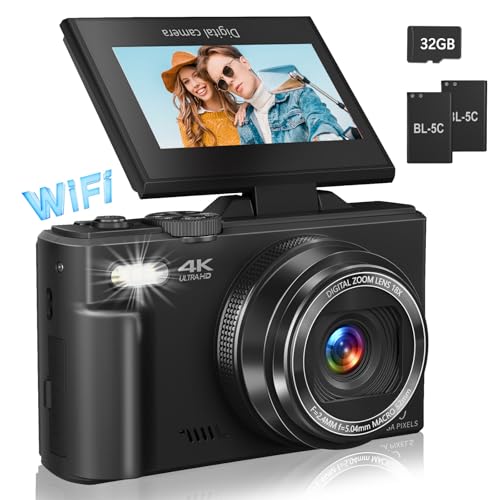 Digital Camera for Photography, 4K Vlogging Camera for YouTube 3" 180° Flip Screen 18X Digital Zoom Compact Retro Cameras with 32GB TF Card & 2 Batteries, Black