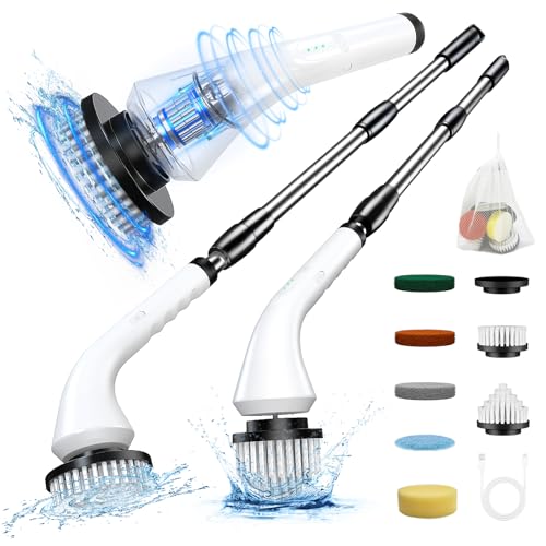 Electric Spin Scrubber-Cordless Cleaning Brush with 8 Replaceable Brush Heads and Adjustable Extension Handle, Dual Speed Electric Spin Brush for Cleaning Bathroom, Tub, Tile, Floor, etc (White)