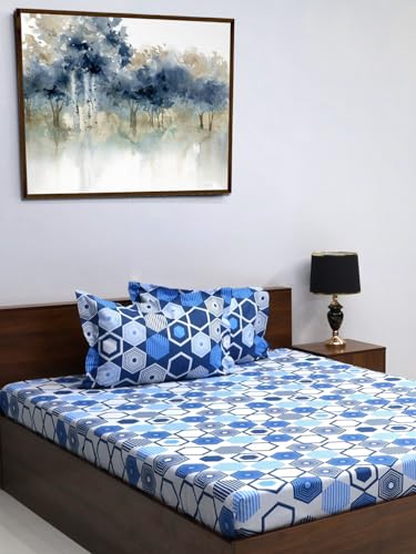 Bombay Dyeing Queen Sheet Set, 100% Pure Cotton, 100 Thread Count, Queen Size Bedsheet with 2 Pillow Covers, Super Soft, Aster Bedsheets Collection (California Blue)