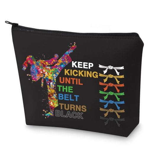 G2TUP Taekwondo Cosmetic Makeup Bag Karate Black Belt Gifts Keep Kickiing Until The Belt Turns Black Taekwondo Zipper Pouch Bag Taekwondo Girl Merch (Keep Kickiing)