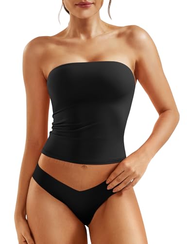 YEOREO Women's Double Lined Tube Tops Full Length Fitted Sexy Sophie Tops Strapless Non See Through Bandeau Going Out Basic Shirts Black Medium