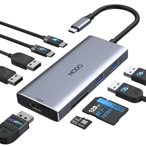 HODO USB C Hub für MacBook, USB-C Adapter Multiport 9 in 1 mit 4K 60Hz HDMI, 100W PD, SD TF Kartensteckplatz, 4USB und USBC Datenport, Type-C Dongle für Mac Book Pro Air/iPad/Surface/HP