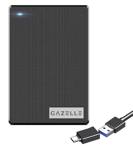 GAZELLE High-Speed 500GB Ultra Slim Portable External Hard Drive - 2-in-1 Type C & USB 3.0, Compatible with PC, Mac, Laptop, PS4, Xbox, iPad, Tablet, Mobile (Black) - 1 Year Warranty