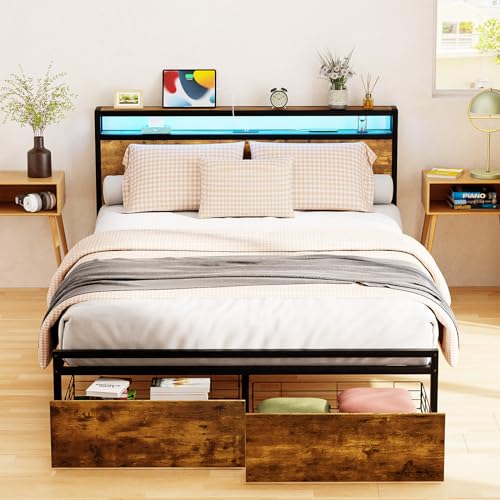 Zevemomo Queen Bed Frame with Storage Drawers, Bed Frame Queen Size with Headboard, LED Light, Charging Station with 3 USB Ports & 1 Type-C Port, No Noise, Rustic Brown