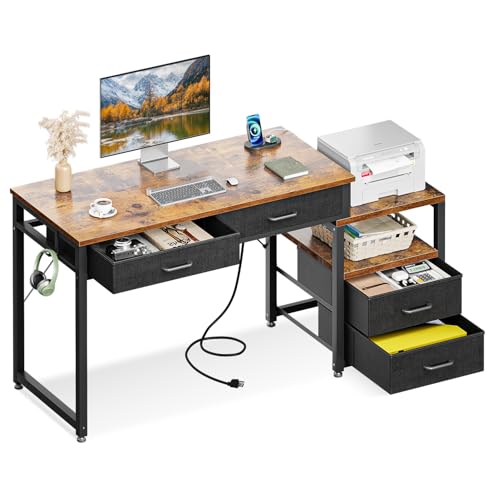 AODK Computer Desk with 4 Drawers & Power Outlet, 53 Inch Reversible Computer Desk with Storage Shelf, Office Desk with Printer Stand, Modern Simple Study Writing Work Table for Bedroom, Rustic Brown