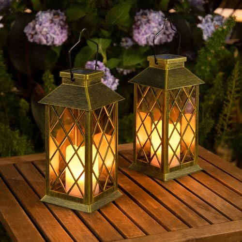 2Pack 11" Outdoor Solar Lanterns Waterproof Garden Patio Lantern Lights Flickering Candle Mission for Outside, Party, Yard, Lawn, Mothers Day Gifts Garden Gifts for Mom Women (Antique Green Bronze)