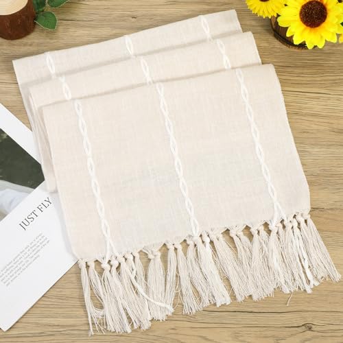 Boho Table Runner, Rustic Farmhouse Cotton and Linen Table Runner with Hand-Tassels, Elegant Kitchen Table Runner for Daily Dining Bedroom Decor and Event Holiday Party Decor 13×72 inches, Beige