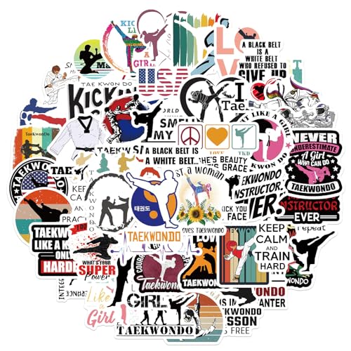 50PCS Taekwondo Stickers,Martial Arts Waterproof Vinyl Decals for Water Bottles Laptop Computer Luggage Cup Mobile Phone Skateboard Guitar Helmet Snowboard Teens and Adults (Taekwondo)