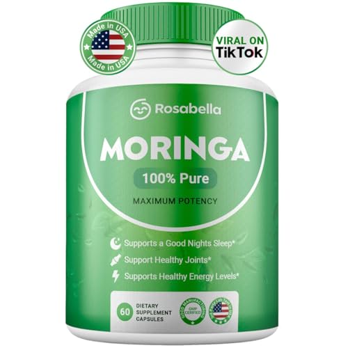 Rosabella Moringa Capsules - Pure Moringa Powder, Energy, Skin, Immune & Gut Health Superfood, Rich in Antioxidants, Essential Vitamins & Amino Acids, Natural Green Superfood Supplement - 60 Count