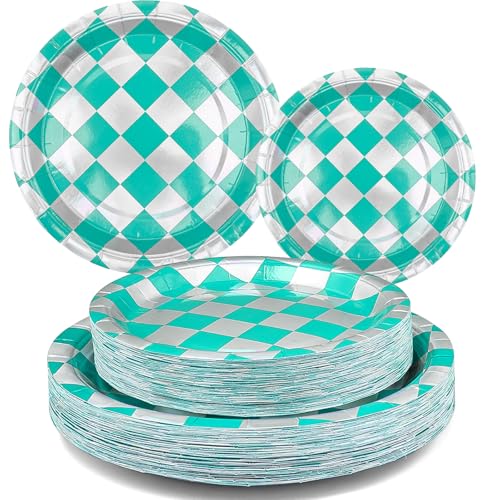 Checkered Paper Plates, 100 Pack Disposable Party Plates - 50 x 7 Inch Dessert Plate and 50 x 9 Inch Dinner Plate, Heavy Duty Paper Plates Bulk for Outdoor Picnics or Parties, Family Gathering