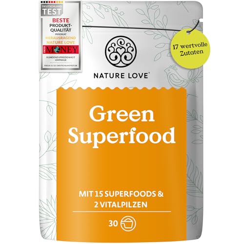 NATURE LOVE® Green Superfood - 300g - 15 Superfoods und 2 Vitalpilze - u.a. mit Gerstengras, Spirulina & Moringa - Greens Pulver ohne Aromen, Süßstoffe oder zugesetzten Zucker - vegan & laborgeprüft