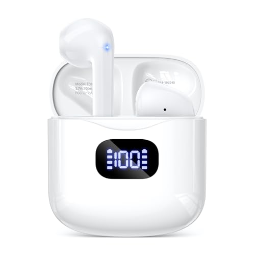 KTGEE Wireless Earbuds Bluetooth 5.3 Headphones, 40Hrs Playback Stereo Ear Buds with LED Display Charging Case IPX7 Waterproof in-Ear Earphones with Mic for Phone Tablet Laptop Sports, White