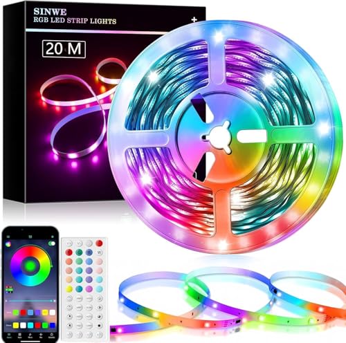 SINWE Led Strip Light 20M, Music Sync Led Lights with 44 Keys Remote and App Control,Color Changing RGB Lights for Bedroom Home Kitchen Party Christmas Decoration 65.6FT