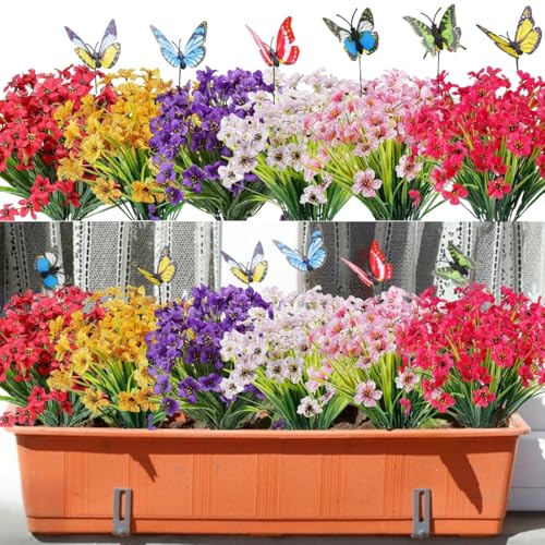 Avoik Artificial Flowers Outdoor Plants 18 Bundles Fake Azalea Flowers UV Resistant Mix Colors Silk Floral with Butterfly Shrubs Plastic Plants for Home Garden Porch Wedding Window Yard Decor