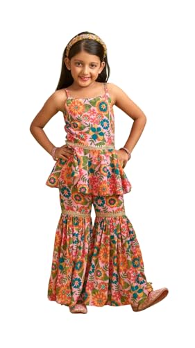 INTEGRITY Girls Rayon Cotton Blend Angrakha Kurta And Sharara Set For Kids | Fancy Sharar And Kurta Girls (5-6 Years, Multicolor)