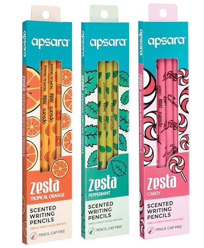 Apsara Zesta Scented Pencils | Tropical Orange, Candy & Peppermint 3 Unique Fragrances | Eraser Attached & Pencil Cap Included, Pack of 18