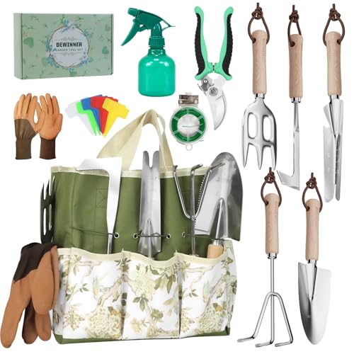 DEWINNER Outils de Jardinage, 12 pièces Ensemble de Jardinage en Acier Inoxydable avec Sac de Rangement, Râteaux,Transplanter, Gants de, Cadeaux de kit Jardinage pour Homme et Femme