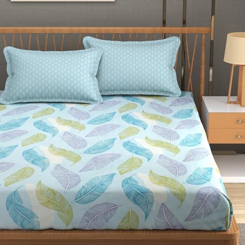 FRESH FROM LOOM Floral XXL Microfiber Soft Cotton Bedsheet for King Size Bed | Bedsheet for Double Bed | 240 TC Hypoallergenic Bed Sheet with 2 Pillow Cover | Printed (108x108 inches, Pankh Aqua)