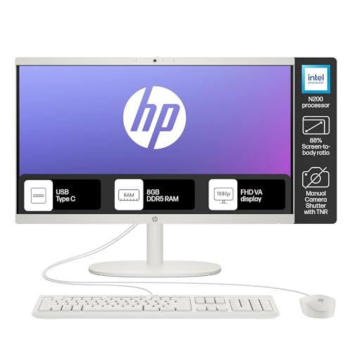 HP All-in-One, Intel N200 (8GB DDR5, 512GB SSD) 21.45'' (54.5 Cm), FHD, Win11, White, 4.17 Kg, Intel UHD Graphics, 720P HD Camera W/Privacy Shutter, Dual Speakers, Dg0154In