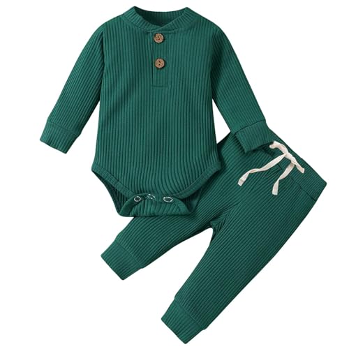 Trsenvrml Baby Boy Clothes Outfit Newborn Henley Romper Bodysuit ＋ Pants Set Size 0-3 Months (Green, 12-18 Months)