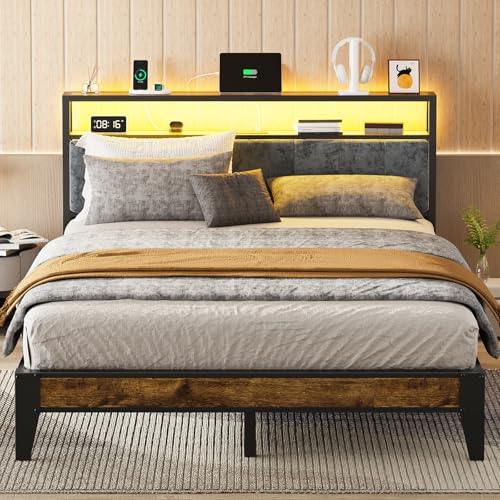 OLEVS Queen Bed Frame Metal Platform Bed Queen Size with 2-Tier Storage & LED Light Headboard, Charging Station Type C, No Box Spring Needed