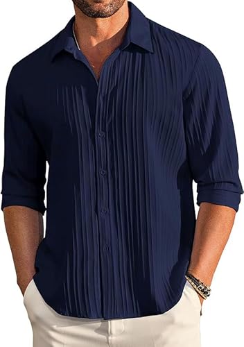 CB-COLEBROOK Men's Casual Button Down Shirts Long Sleeve Linen Shirt Fashion Textured Beach Summer Shirt (in, Alpha, L, Regular, Navy Blue)