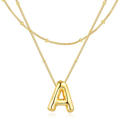 Bubble Letter Necklace for Women, Initial Letter Personalized Jewelry Zinc-Alloy Pendant A - Z 26 letters 17.7"+1.97" length