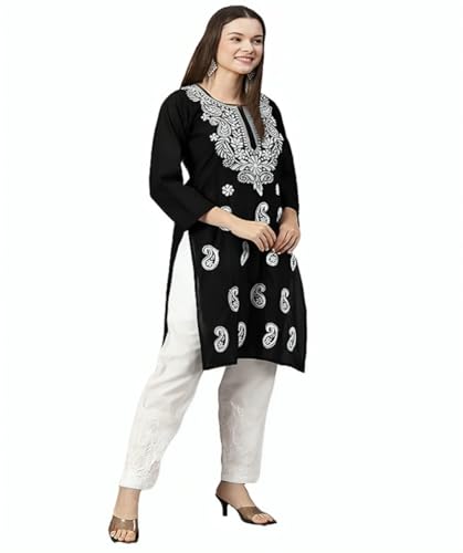 FCH, Fashionable Chikan Handikraft Women's semi Cotton Computerized Embroidred Kurti (US, Alpha, Medium, Regular, Regular, Black)