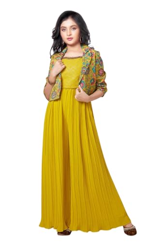 White Button new lemon sequence work with floral print jacket style indowestern palazzo set for girls (12-13 Years)